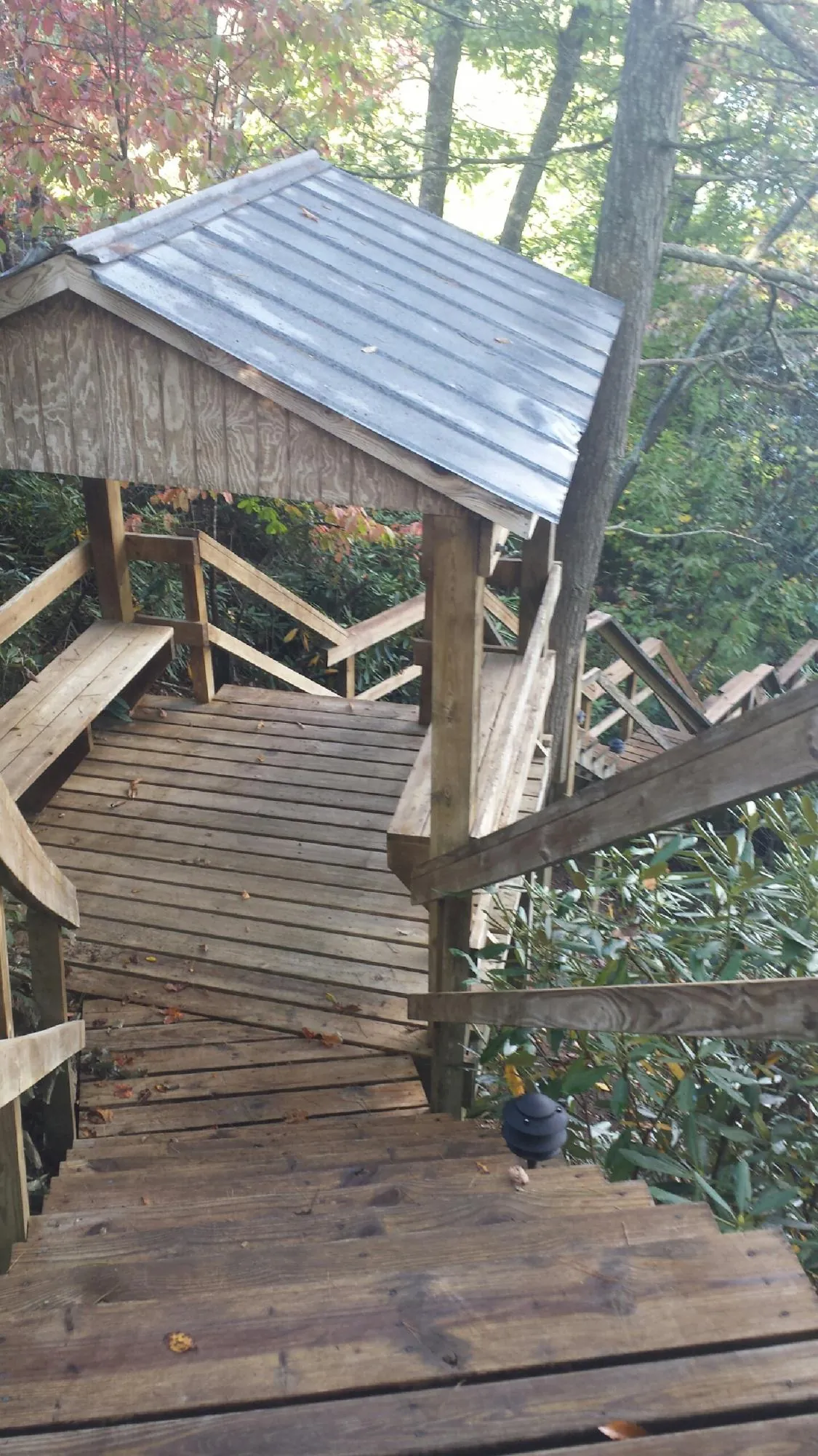Metal roofed shelter over wooden steps on a wooded walkway — Skylight Repair & Installation work by our crew in Rhine